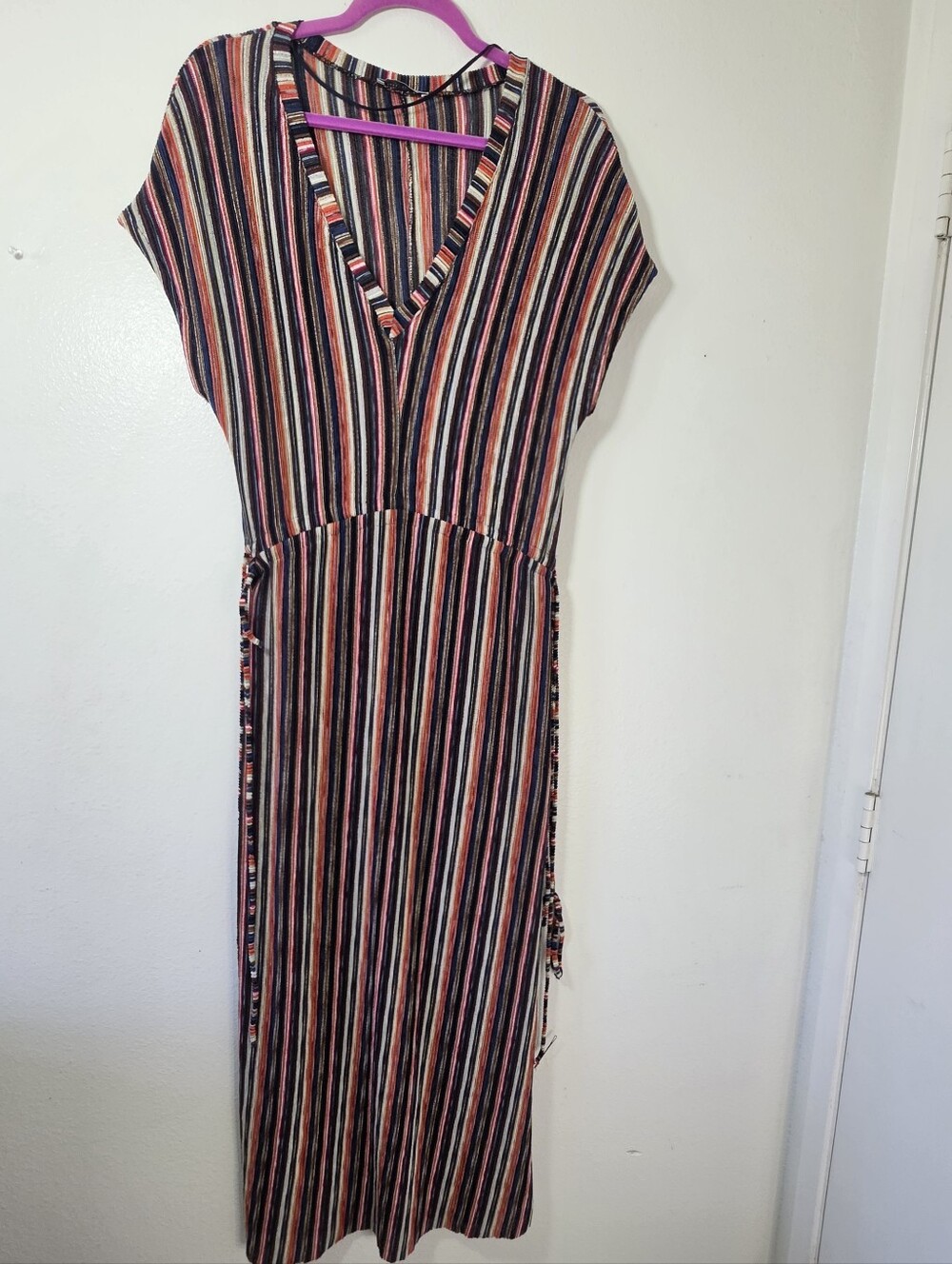 Zara maxi dress colorful vertical stripes and a deep V-neckline Small
